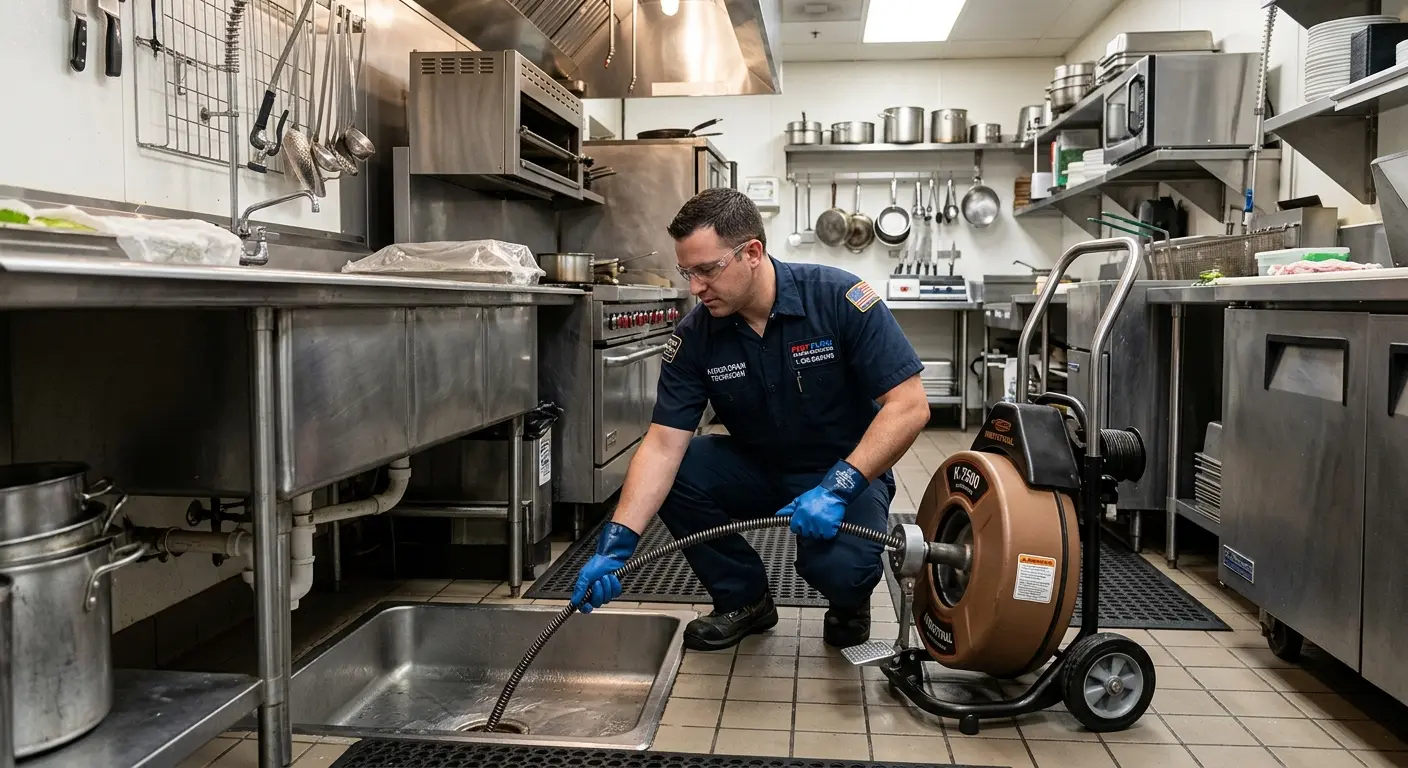 Commercial drain cleaning service in a restaurant kitchen in Cramerton