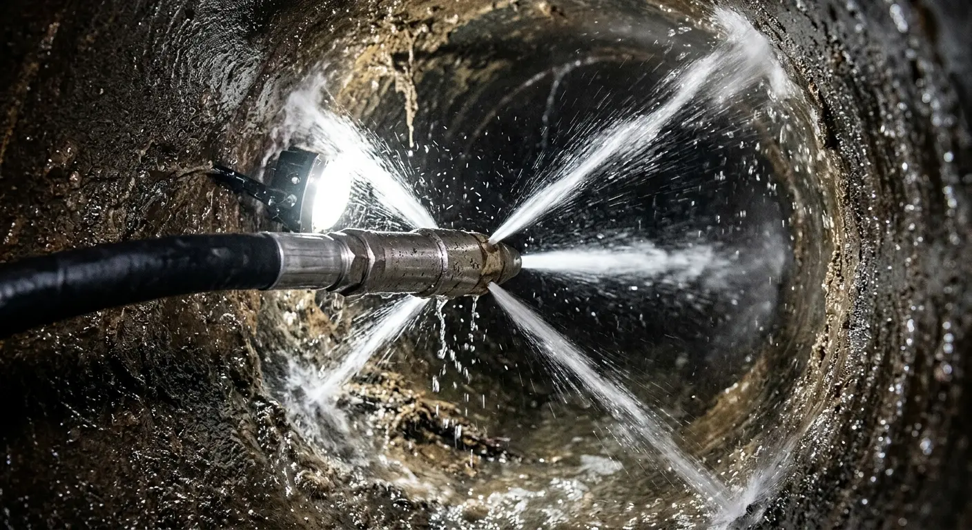 High-pressure hydro jetting nozzle cleaning sewer pipe for Emergency Drain Service in Cramerton