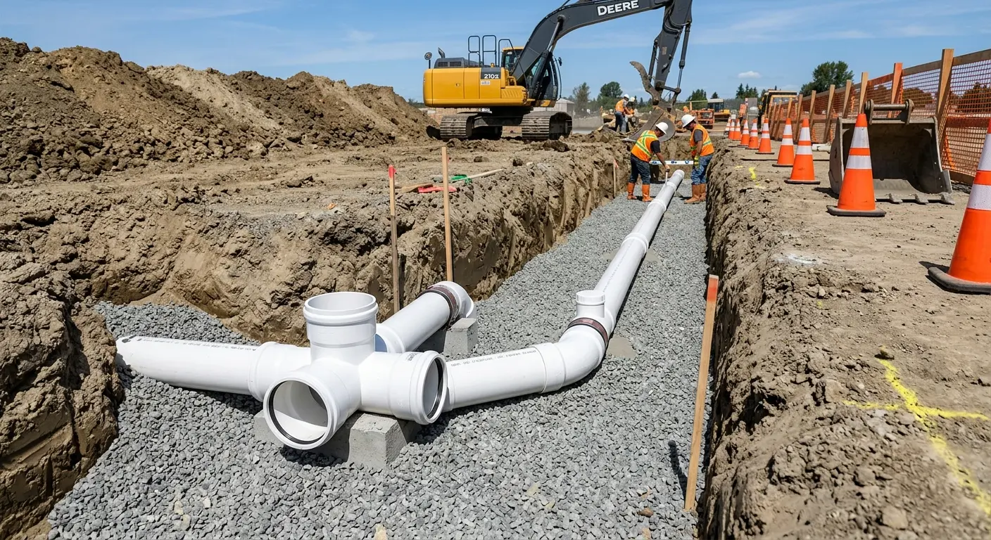New PVC sewer pipe installation in open trench for Sewer Backup in Cramerton