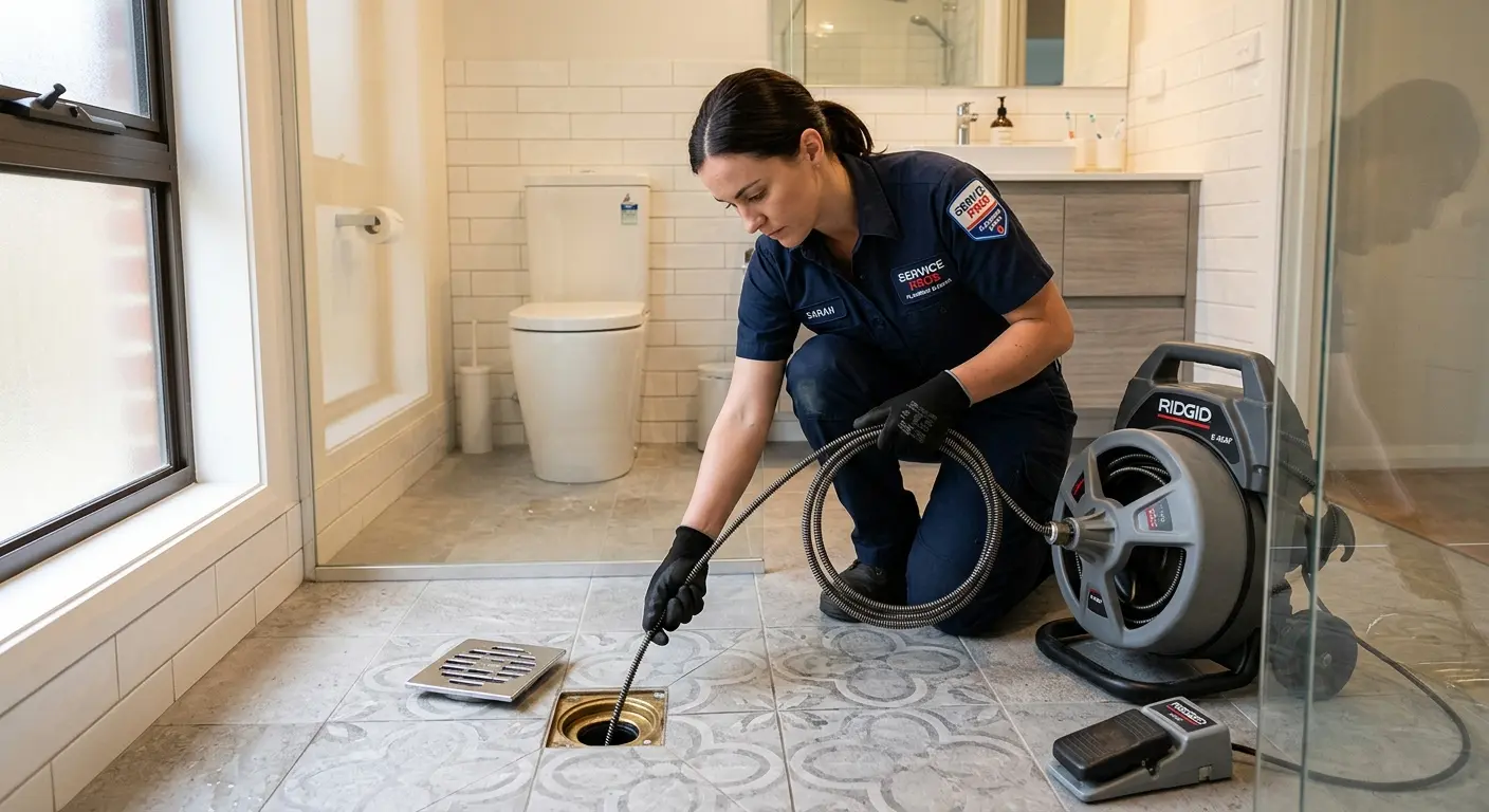 Technician clearing a bathroom floor drain for Drain Cleaning in Cramerton